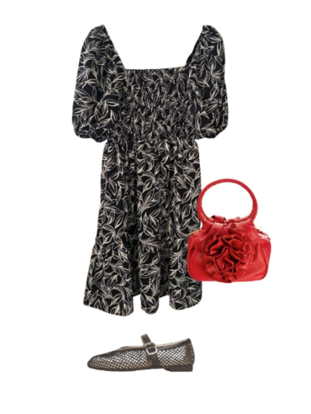 HYFVE size L black white floral puff sleeve smocked ruffle hem tiered midi dress